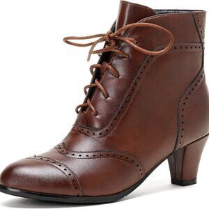 Women Ankle Boots Faux Leather Lace Up Block Heel Side Zipper Vintage
